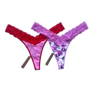 Lace-Trim Thong Set - Pink & Red